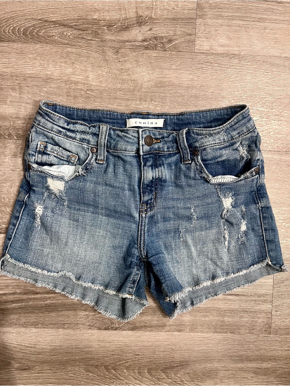 eunina Light Blue Distressed Frayed Hem Denim Shorts